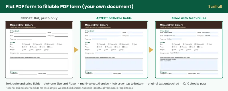 Before and after: a flat order form PDF turned into a fillable PDF with text fields, checkboxes and option buttons, shown filled with test values.